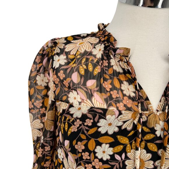 Monteau Floral Sheer Blouse With Metallic Details Half Sleeves Size Medium - Picture 2 of 10